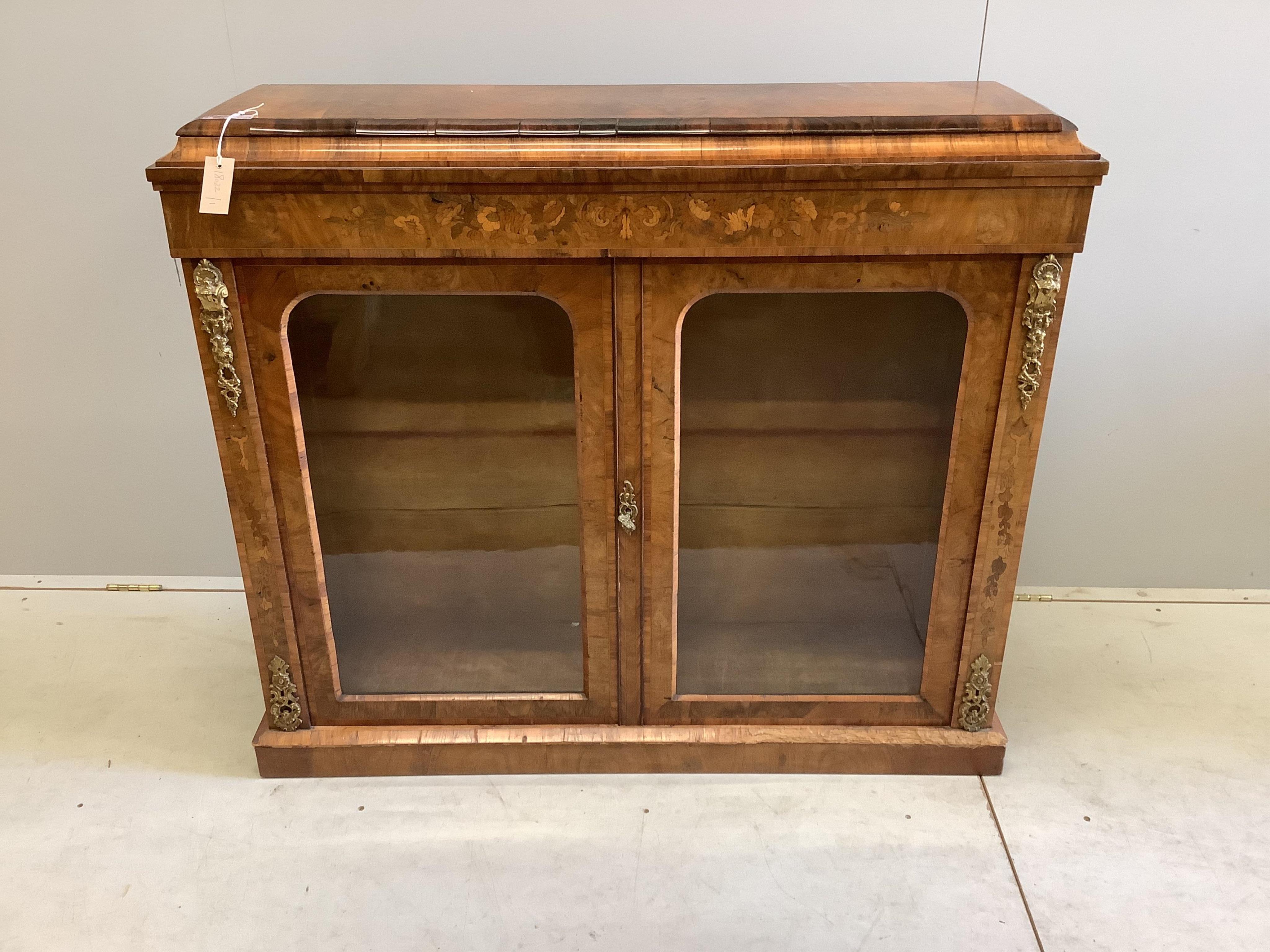 A Victorian gilt metal mounted marquetry inlaid walnut side cabinet, width 117cm, depth 33cm, height 101cm. Condition - fair to good